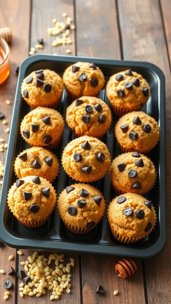 A tray of golden quinoa muffins with chocolate chips on a wooden surface, surrounded by quinoa grains and a bowl of honey.